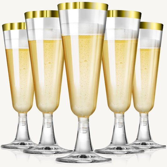 SUREHOME Champagne Flutes Plastic Champagne Glasses Disposable 100 Pack 5 Oz Gold Rim Mimosa Glasses Acrylic Wedding Toasting Cocktail Cups for 2025 Graduation Decorations Birthday Party Supplies