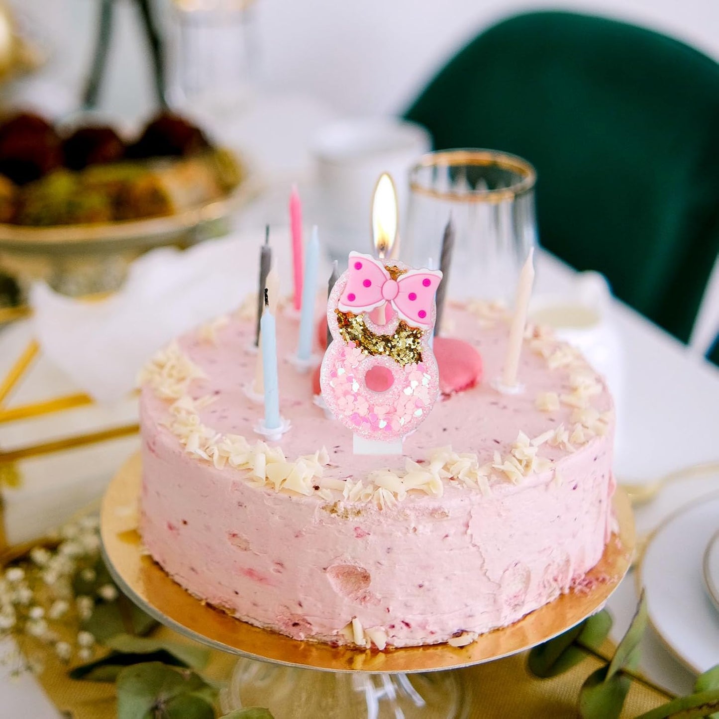 Girls' Birthday 3-Number Glitter Pink Candles with Bows