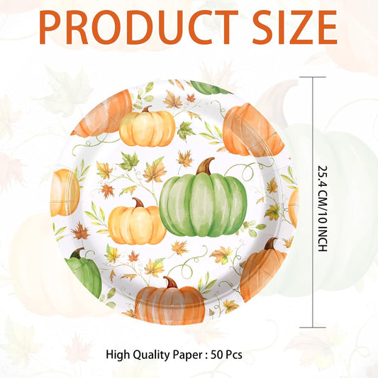 Grencian 50Pcs Fall Pumpkins Paper Plates - 9" Autumn Orange Green Watercolor Pumpkin Paper Plates Fall Leaves Platters Disposable Tableware for Autumn Harvest Thanksgiving Birthday Party Decorations