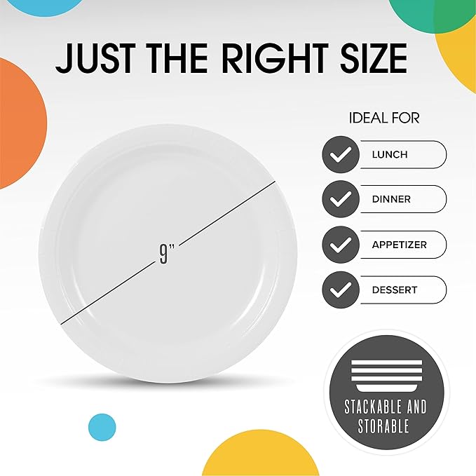 Exquisite Party Solids White Paper Plates Disposable Heavy Duty 9 Inch White Disposable Plates For Party 100 Pcs Heavy Duty Paper Plate 350 GSM, Birthday Supplies Plate Set
