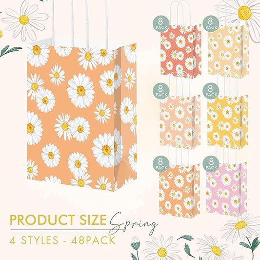 Sweetude 48 Pcs Groovy Party Favors Gift Bags with Handles Hippie Boho Daisy Goodie Treat Candy Bags for Girls Wedding Retro Birthday Baby Shower Party Decorations