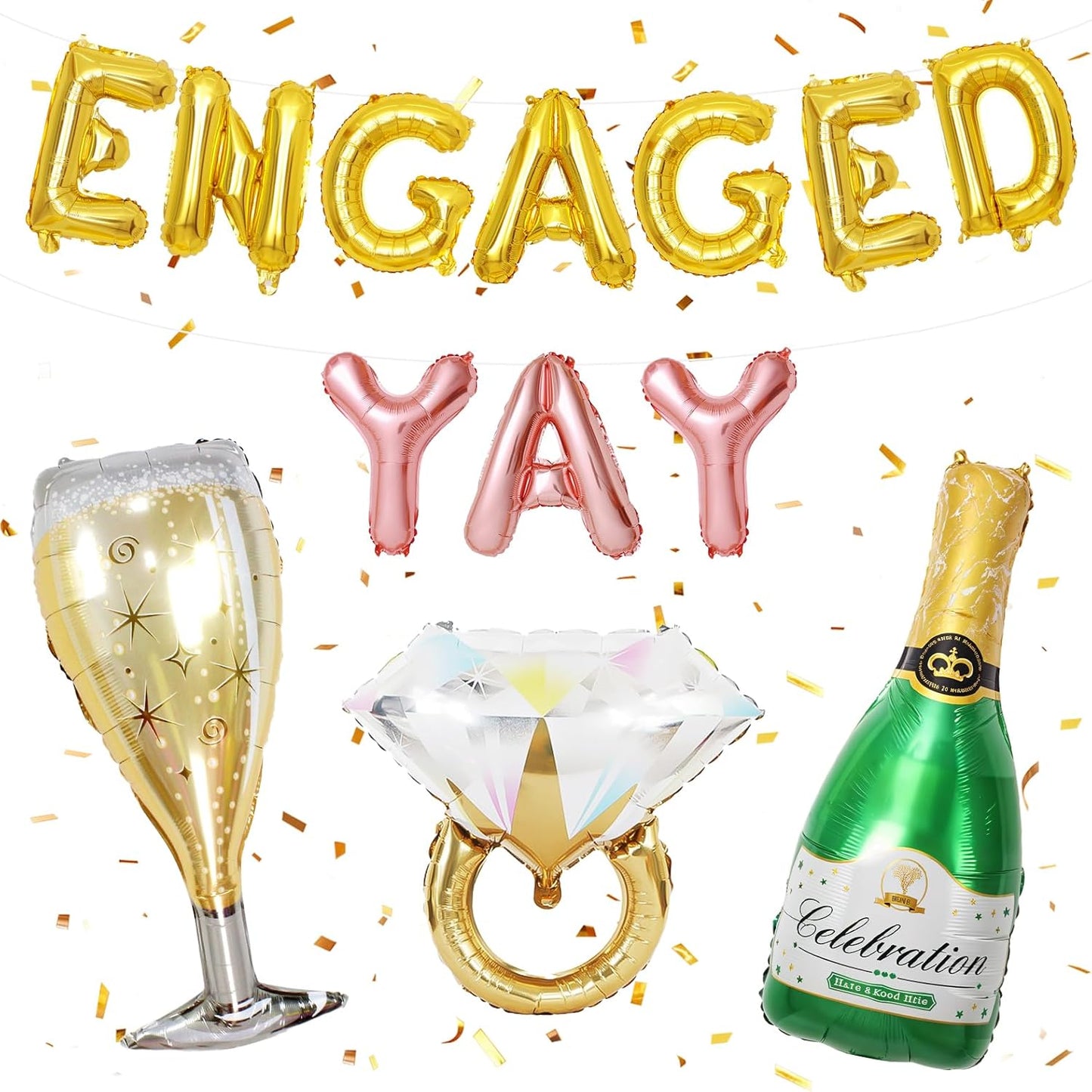 Gold Engagement Party Decorations, Engaged Yay Balloons Letters Banner, Diamond Ring Green Champagne Bottle Balloon Glass Foil Balloon for Bachelorette Engagement Wedding Bridal Shower Party Supplies