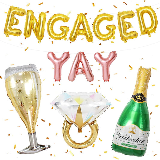Gold Engagement Party Decorations, Engaged Yay Balloons Letters Banner, Diamond Ring Green Champagne Bottle Balloon Glass Foil Balloon for Bachelorette Engagement Wedding Bridal Shower Party Supplies