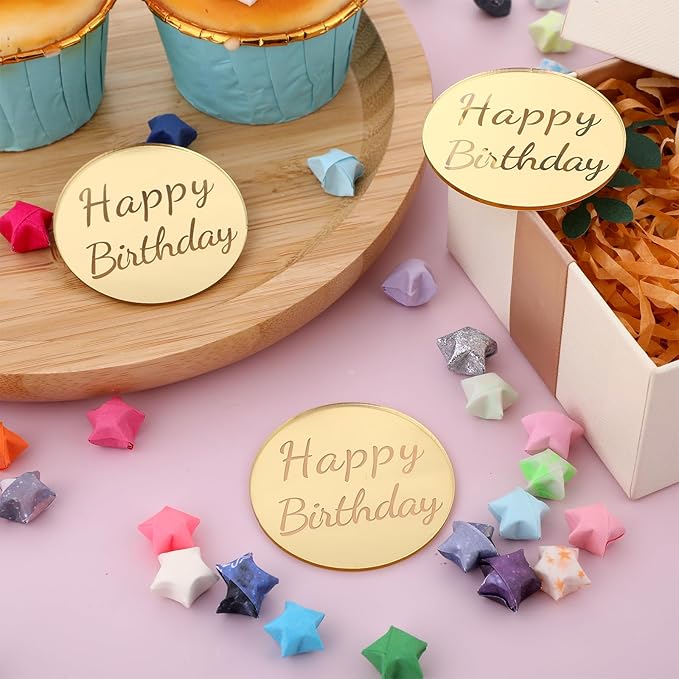 20 Pieces Happy Birthday Acrylic Cake Topper Round, Gold Disc Circle Engraved Personalized Mini Custom Mirror Set for DIY Cupcake Decoration
