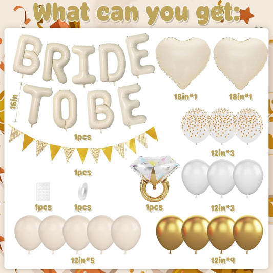 Sand White Bachelorette Party Decorations, Nude White Bride To Be Bridal Shower Balloons Decorations, White and Gold Balloons with Diamond Ring Cream Heart Balloons for Bachelorette Engagement Wedding