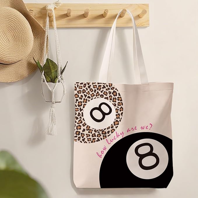 Coquette Leopard Print 8 Ball Tote Bag for Women,Trendy Cheetah Print Canvas Tote Bag for Girls,Girly Leopard 8 Ball Aesthetic Reusable Shopping Grocery Bags Party Favors