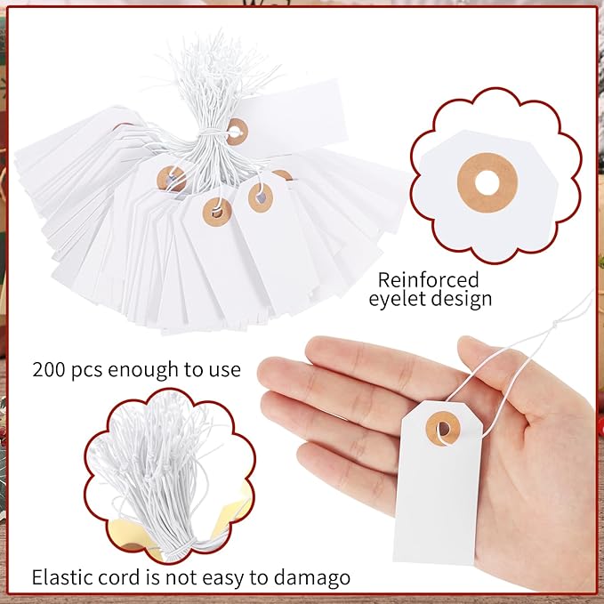 200 Pack White Blank Tags with Elastic String Marking Hang Tags Attached Reinforced Hole Writable Gift Tag for Valentine's Day Gifts 2.75'' x1.37''