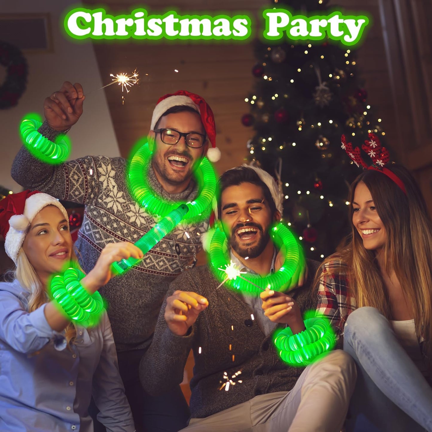 12-24 PCS Green Glow Sticks Christmas Party Favors for Kids,LED Light up Pop Tubes for Toddlers,Neon Necklaces Bracelets Accessories,Glow New Year Eve Party Supplies Birthday Dance Camping Decorations