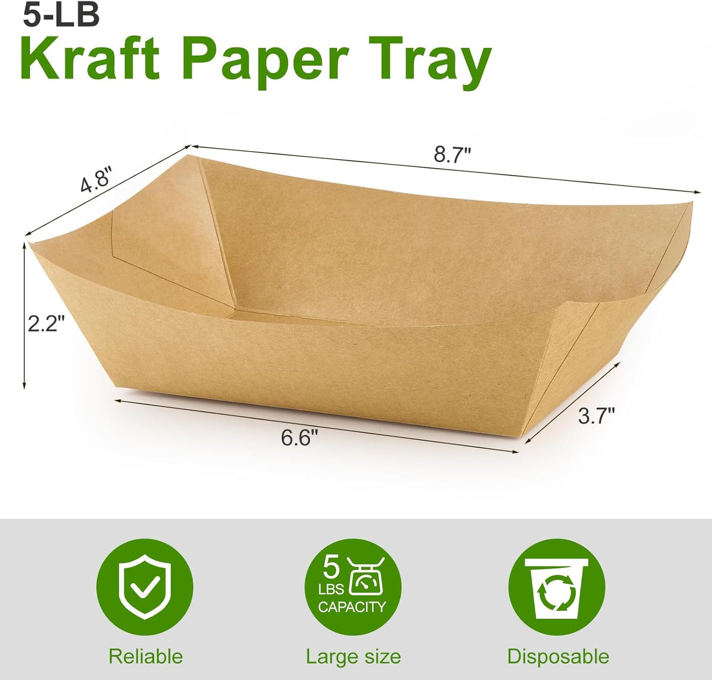 Ocmoiy 5lb Extra Large Paper Food Trays, 100 Pack Heavy Duty Kraft Food Boats Holders Disposable Serving Basket Trays for Nachos, Burgers, Tacos, Fries, Hot Dog, Sandwiches