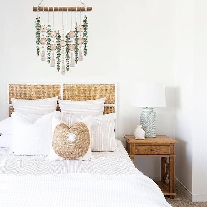 Boho Wall Decor Artificial Eucalyptus Bathroom Decor Fake Eucalyptus Greenery Leaves Stems Wall Hanging Plants on 16.5 inch Wooden Stick with Wooden Bead Rustic Farmhouse for Bedroom Nursery Kitchen