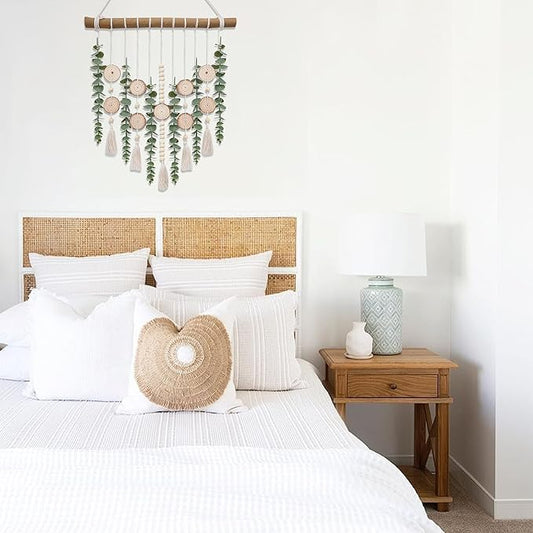 Boho Wall Decor Artificial Eucalyptus Bathroom Decor Fake Eucalyptus Greenery Leaves Stems Wall Hanging Plants on 16.5 inch Wooden Stick with Wooden Bead Rustic Farmhouse for Bedroom Nursery Kitchen
