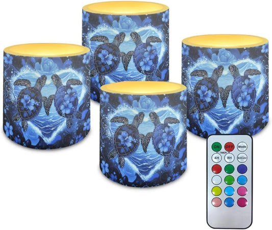 Poceacles LED Flameless Candle Set of 4, Battery Operated Tea Lights with Remote Control, Flickering Effect, Multi-Color Options, Sea Turtle Love Rose Hibiscus Flower Dark Blue