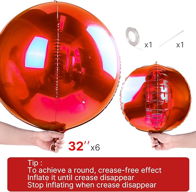 PartyWoo Red Foil Balloons 6pcs 32 Inch Large Round Foil Big Giant 4D Jumbo Inflatable Mirror Ball Mylar Balloons for Graduation Birthday Anniversary Casino Cherry Citizenship Party Decorations
