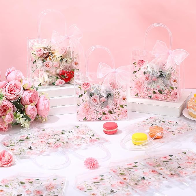 Wesnoy 24 Pcs Clear Floral Gift Bags with Handles Rose Pink Flower PVC Treat Tote Bag for Tea Birthday Party Wedding Bridal Shower Bachelorette Anniversary Engagement Guests, 6.3 x 5.9 x 3.2 Inch