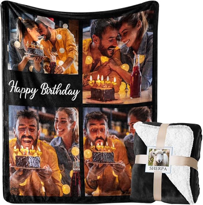 Custom Blanket with Picture Personalized Sherpa Fleece Throw Blanket - Thick and Warm Fuzzy Plush Blanket - Customized Birthday Gifts for Couple Family Kids Friends