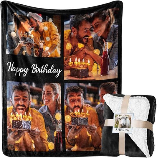 Custom Blanket with Picture Personalized Sherpa Fleece Throw Blanket - Thick and Warm Fuzzy Plush Blanket - Customized Birthday Gifts for Couple Family Kids Friends