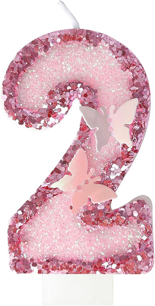 2th Birthday Candles，Glitter Butterfly Cake Toppers Pink Sequins Wedding Numeral Cupcake Decorations，Suitable for Girl and boy Wedding Cakes, Party Celebrations, Birthday Decorations