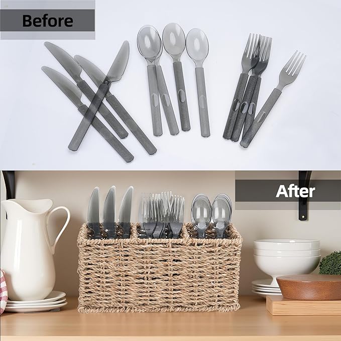 Wicker Party Silverware Caddy, Small Water Hyacinth Plastic Cutlery Utensil Holder, Hand Woven with Handles, Kitchen Countertop and Picnic flatware Organizer