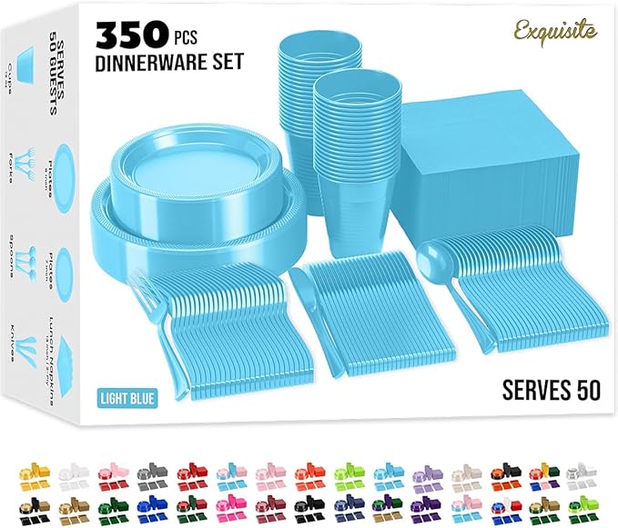 350 Pcs Light Blue Plastic Plates For Party, Light Blue Disposable Plates Set, 50 Of Each 9" Dinner Plate Set, 7" Dessert Plate, Cups, Napkins & Cutlery Plastic Dinnerware Exquisite