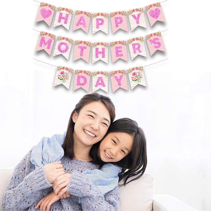 Happy Mother's Day Banner Set Decoration for Mother's Day Party Decorations Backdrop Garland for Mom Glitter Garland Photo Props (Pink Flower Heart)