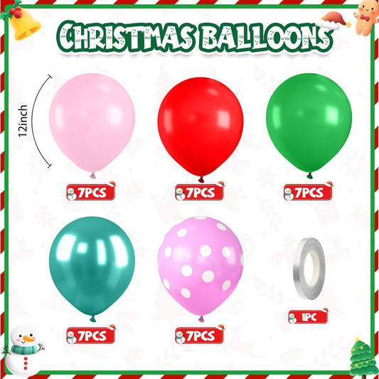 Christmas Balloons, Red Pink Green Balloons with Pink Polka Dots Print Balloon, Pearl Turquoise Blue Dark Green Xmas Party Balloon for Christmas Birthday Carnival New Year Holiday Party Decorations