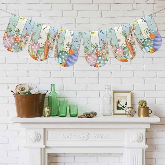 Easter Banner 3Pcs Indoor Outdoor Hanging Banner Flag Spring Rabbit Eucalyptus Leaves Eggs Wooden Sign for Fireplace Mantel Decorative Bunting Garland Valance for Shop Door Mantle Decor 7.9"x11.8"