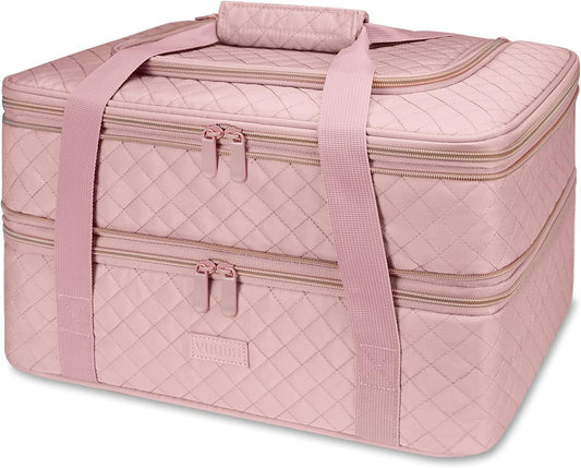 Vuudh Quilted Double Decker Casserole Carrier - Expandable Dish Carrying Case for Hot or Cold Food, Lasagna Holder for Potluck Parties, Picnic, Beach, Fits 9"×13" Baking Dish (Pink)