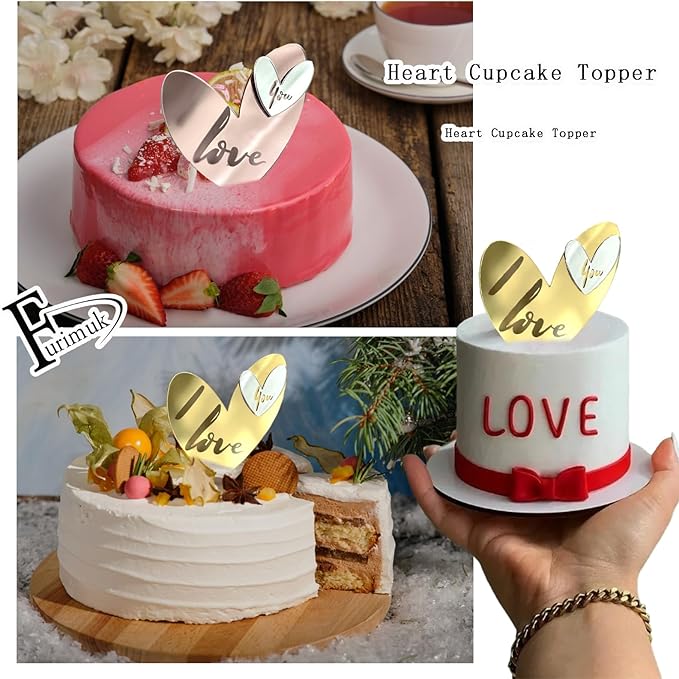 24 Pcs Love Heart Acrylic Cupcake Topper Cake Decoration Disc Mirror Acrylic Cake Topper Engraved Personalized Cake Topper for Valentine's Day Wedding Mother's Day (24, Gold Silver Rose)