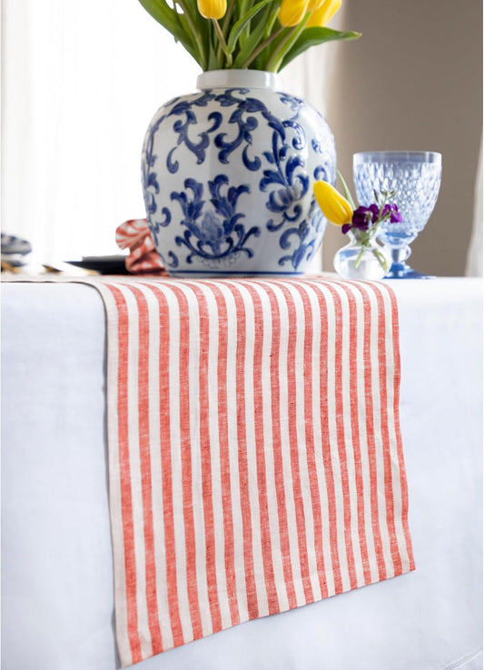 Solino Home Striped Linen Table Runner 144 Inches Long - Amalfi Stripe 100% Pure Linen Red and White Dining Table Runner 14 x 144 Inch