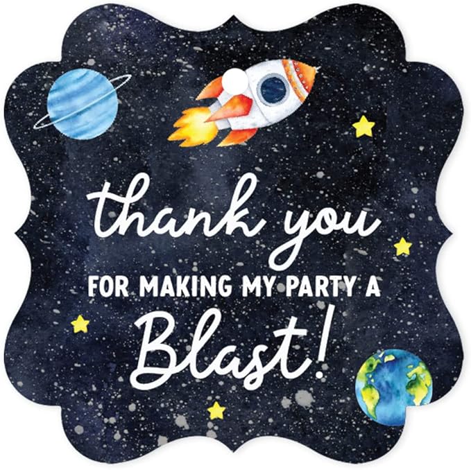 Andaz Press Fancy Frame Kids Party Favor Thank You Tags with String, 48-Pack Outer Space Astronaut Birthday Gift Tags For Gift Bags, Favor Bags Goody Bags Boys & Girls Gender-Neutral 1st Birthday Tags