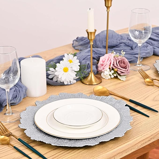 Pesonlook 100Pcs Silver Charger Plates Round 13inch, Reef Plate Chargers for Dinner, Bulk Plastic Floral Table Charger Plates for Dinner Wedding Party Event Table Setting Decoration(Silver)
