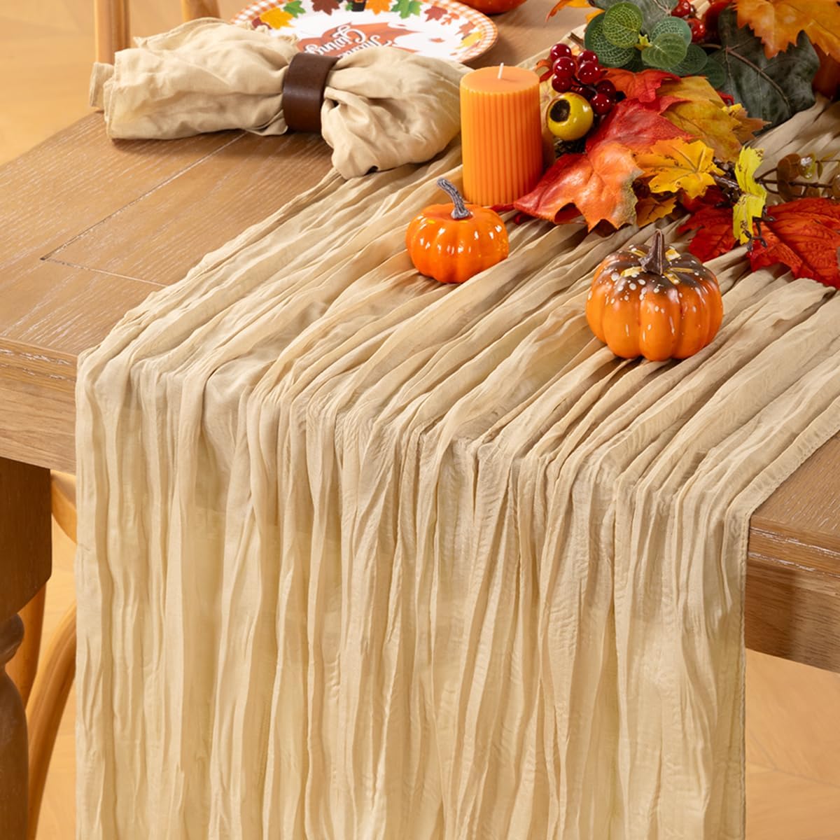 MLMC Champagne Cheesecloth Table Runner 10ft Sand Rustic Fall Gauze Cheese Cloth Table Runner 35x120 Inches for Farmhouse Cozy Holiday Outdoor Events Home Decor