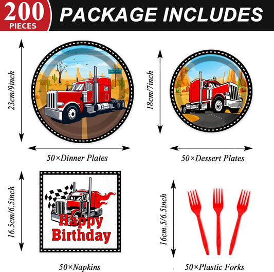 gisgfim 50 Guests Semi Truck Party Decorations Semi Truck Plates and Napkins Party Decoration For Birthday Party Plates Tableware Set Tractor Trailer Theme Party Paper Plates Napkins Forks 200 PCS