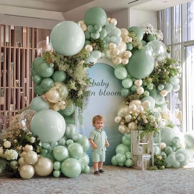 Dusty Green Balloon Arch Kit Double Stuffed,Pearl Light Sage Green White Sand Beige Balloon Garland with Clear Bobo for Bridal Birthday Wedding Baby Shower Graduation Party Decoration