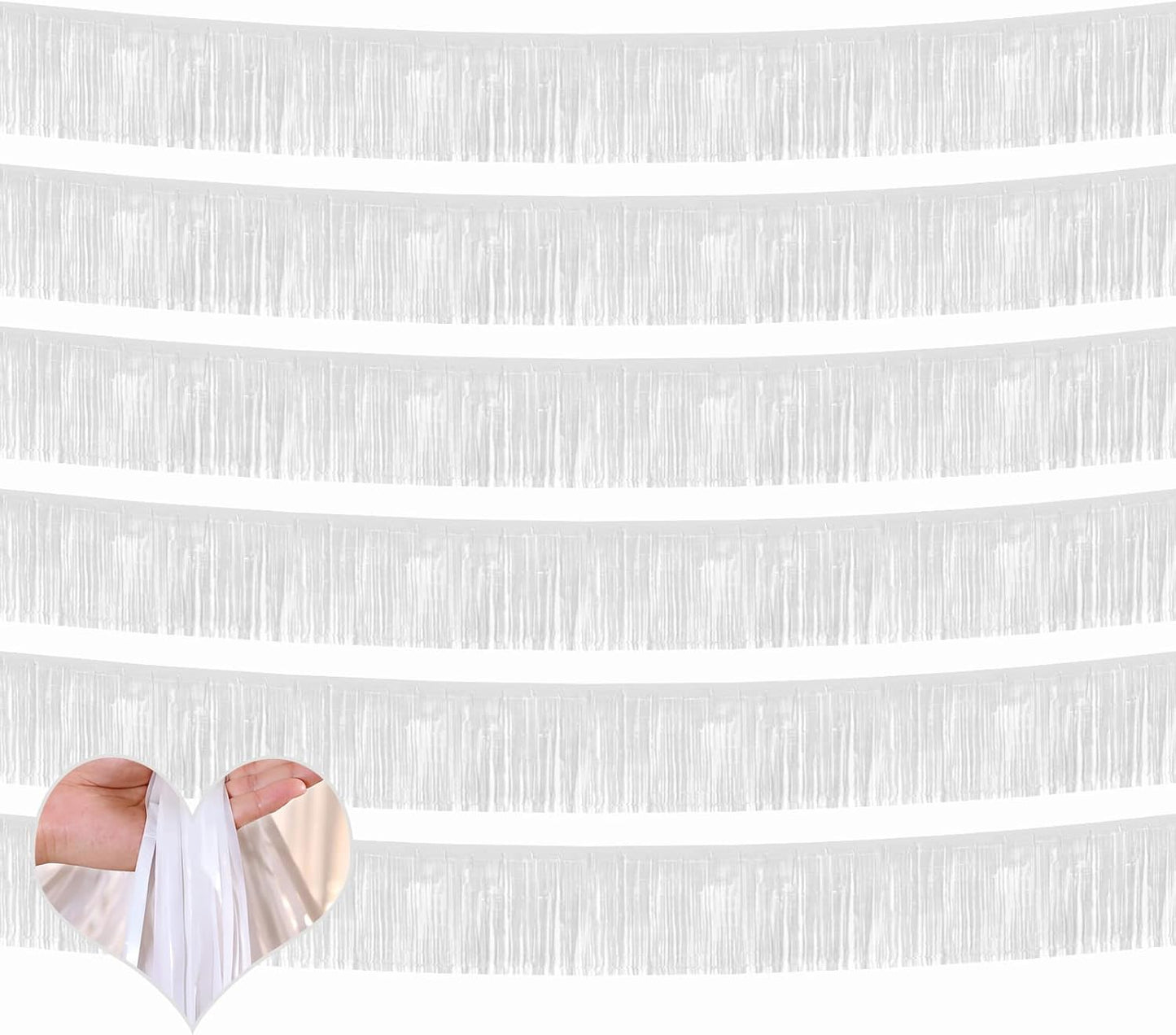 6 Pack 10 Feet Foil Fringe Garland Metallic Tinsel Banner Wall Hanging Curtain Streamers Backdrop for Parade Floats Bachelorette Wedding Birthday Party Thanksgiving Christmas Decorations(White)