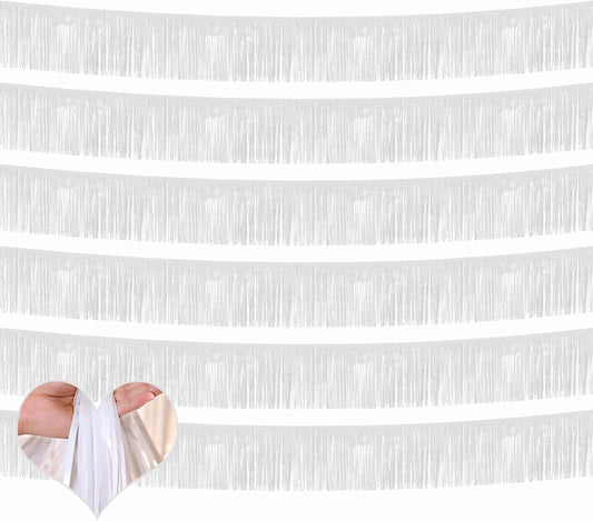 6 Pack 10 Feet Foil Fringe Garland Metallic Tinsel Banner Wall Hanging Curtain Streamers Backdrop for Parade Floats Bachelorette Wedding Birthday Party Thanksgiving Christmas Decorations(White)