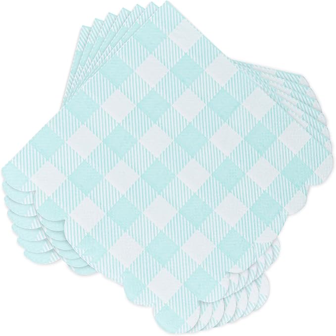 100 Pcs Blue Napkins Scalloped Plaid Cocktail Napkins Folded 5 x 5 Inches Disposable Napkins for Wedding Birthday Party