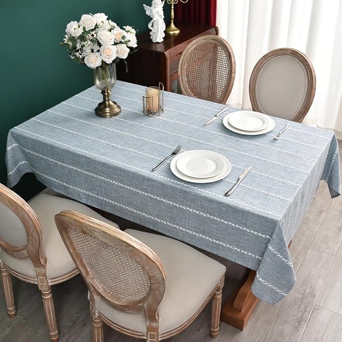 Zobesta Linen Table Cloth Blue Tablecloth Rectangle 120 x 53 Inch, Washable Cotton Farmhouse Soft Boho Blue Stripe Tablecloth for Party, Holiday, Picnic, Dining, Outdoor