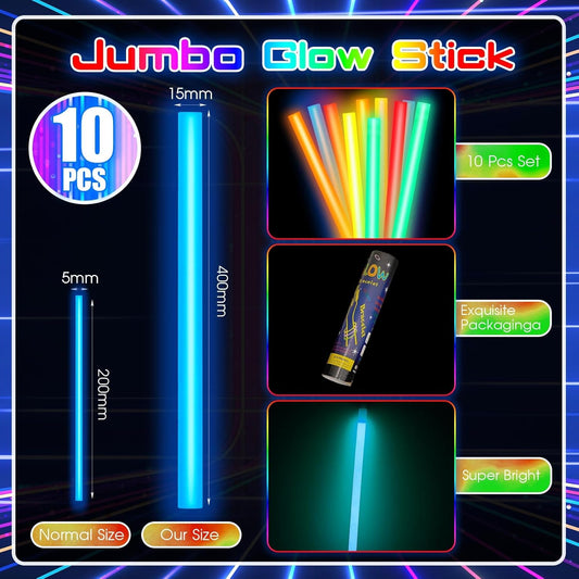 Lewtemi 10 Pcs Large Glow Sticks Big Giant Jumbo Halloween Christmas Emergency Light Stick for Camping Accessories, Survival Kit