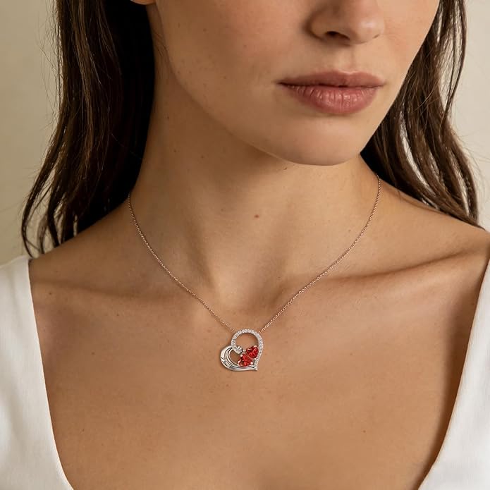 Double Birthstone Heart Necklace 0.8CT Dual-Gemstone S925 Sterling Silver Plated White Gold Engraved I Love You Perfect Anniversary/Valentine's Day Gift for Wife/Girlfriend/Mom/Daughter