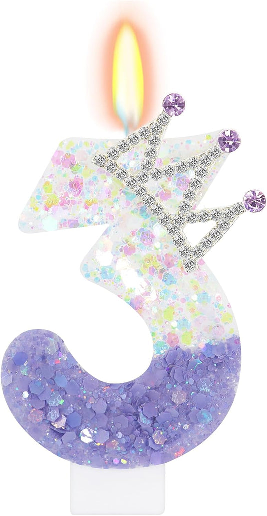 Purple White Number 3 Candle, Glitter Crown Cake Topper, Princess Birthday Party Decorations for Girls and Women Anniversary Celebrations Party Favors