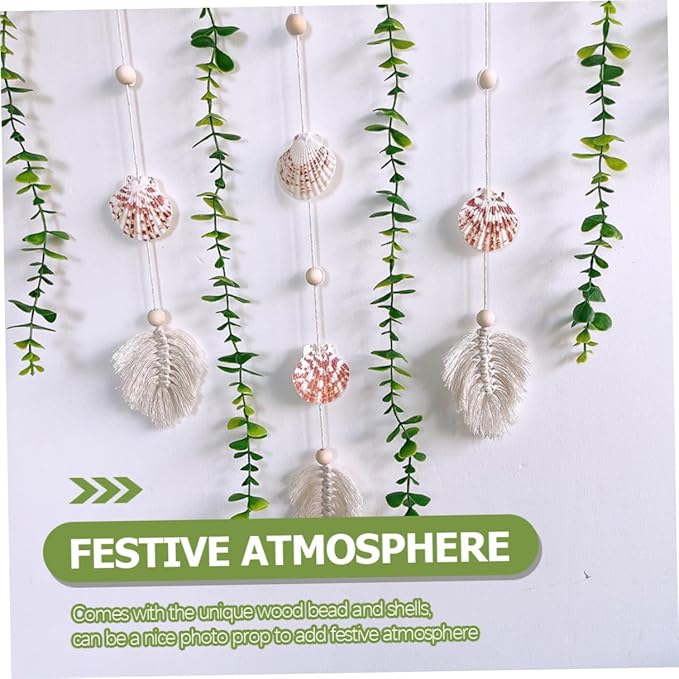 Wooden Bead and Shell Pendant Garland with Simulated Eucalyptus Leaves Lightweight Boho Hanging Decor for Door Window Aesthetic Leaf Vines Plant Decoration for Home and Party