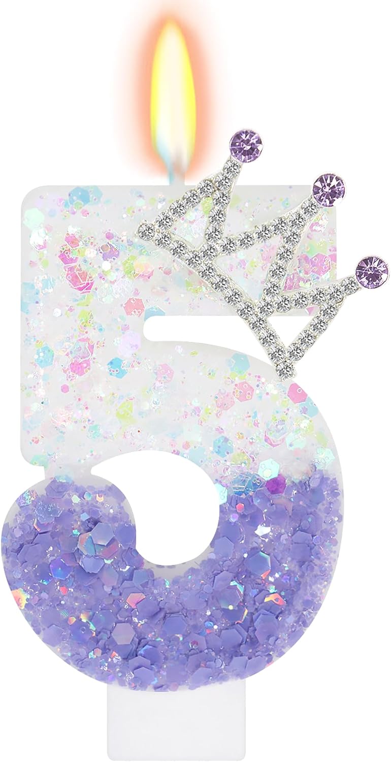 Purple White Number 5 Candle, Glitter Crown Cake Topper, Princess Birthday Party Decorations for Girls and Women Anniversary Celebrations Party Favors