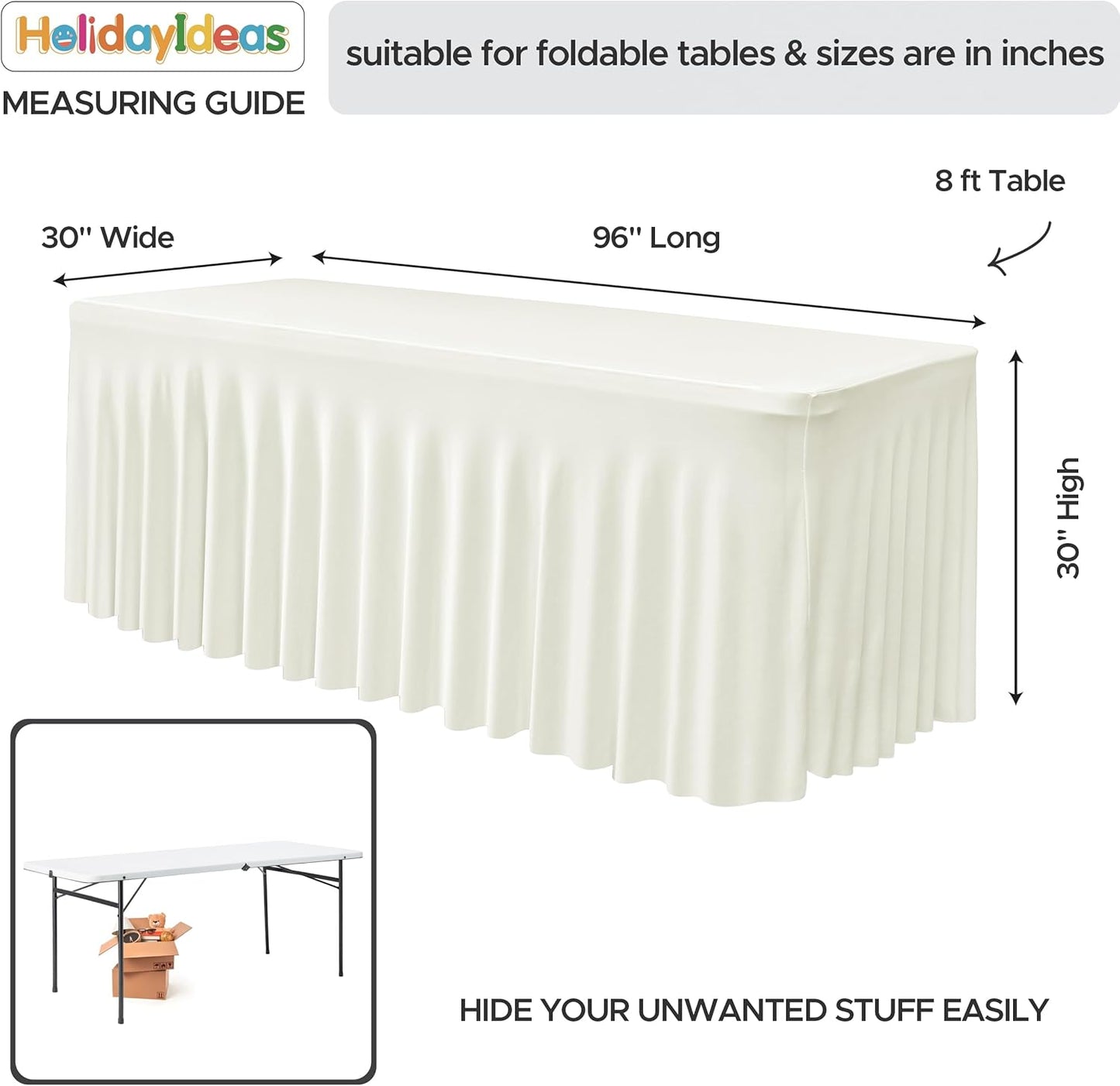 HolidayIdeas Spandex Table Skirts for Rectangle Tables 8 Ft, Fitted Stretch Table Cover 30x96 Inch, Wrinkle-Free Ruffle Design Tablecloths for Banquets,Trade Shows, Parties, Events, 4 Pack, Beige