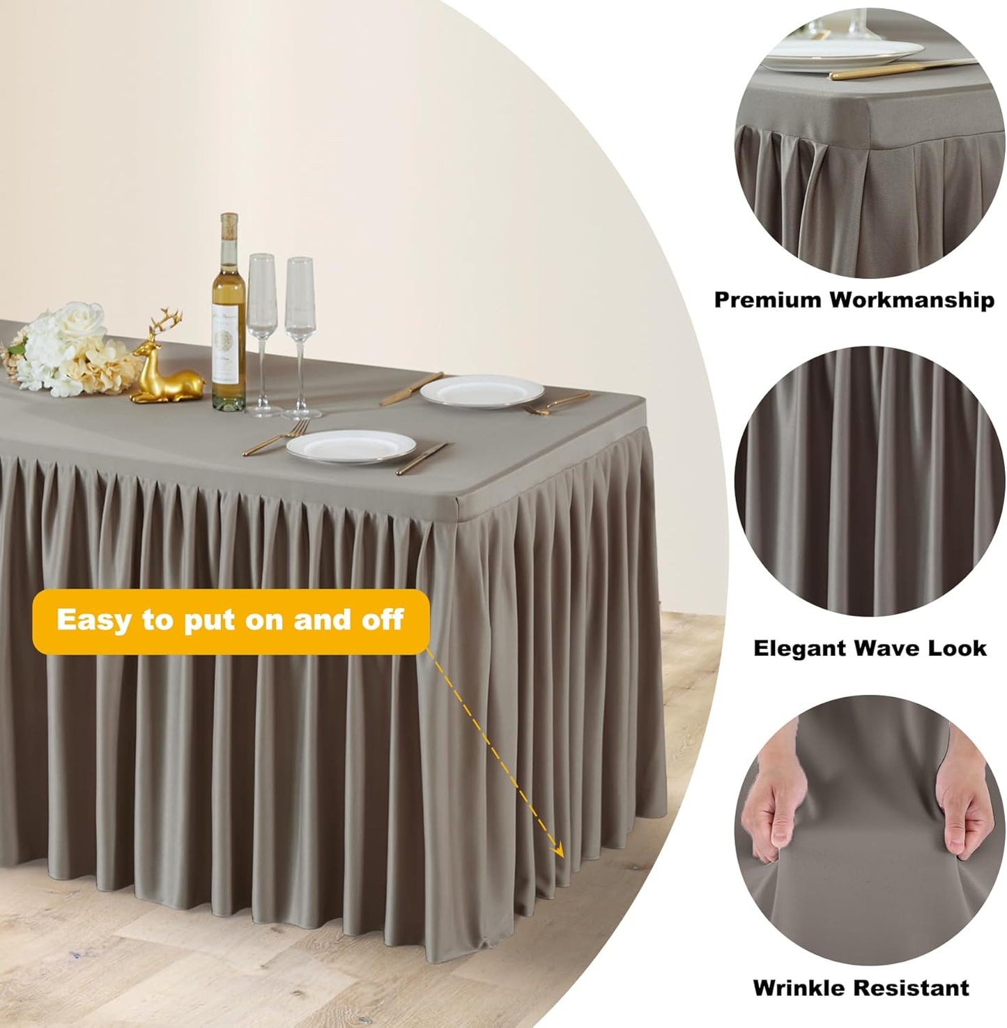 Natural Polyester Table Clothes for 8 Foot Rectangle Tables, Wrinkle Free Fitted Table Cover with Pleated Ruffle Table Skirt for Birthday Party Wedding Trade Show Event Display
