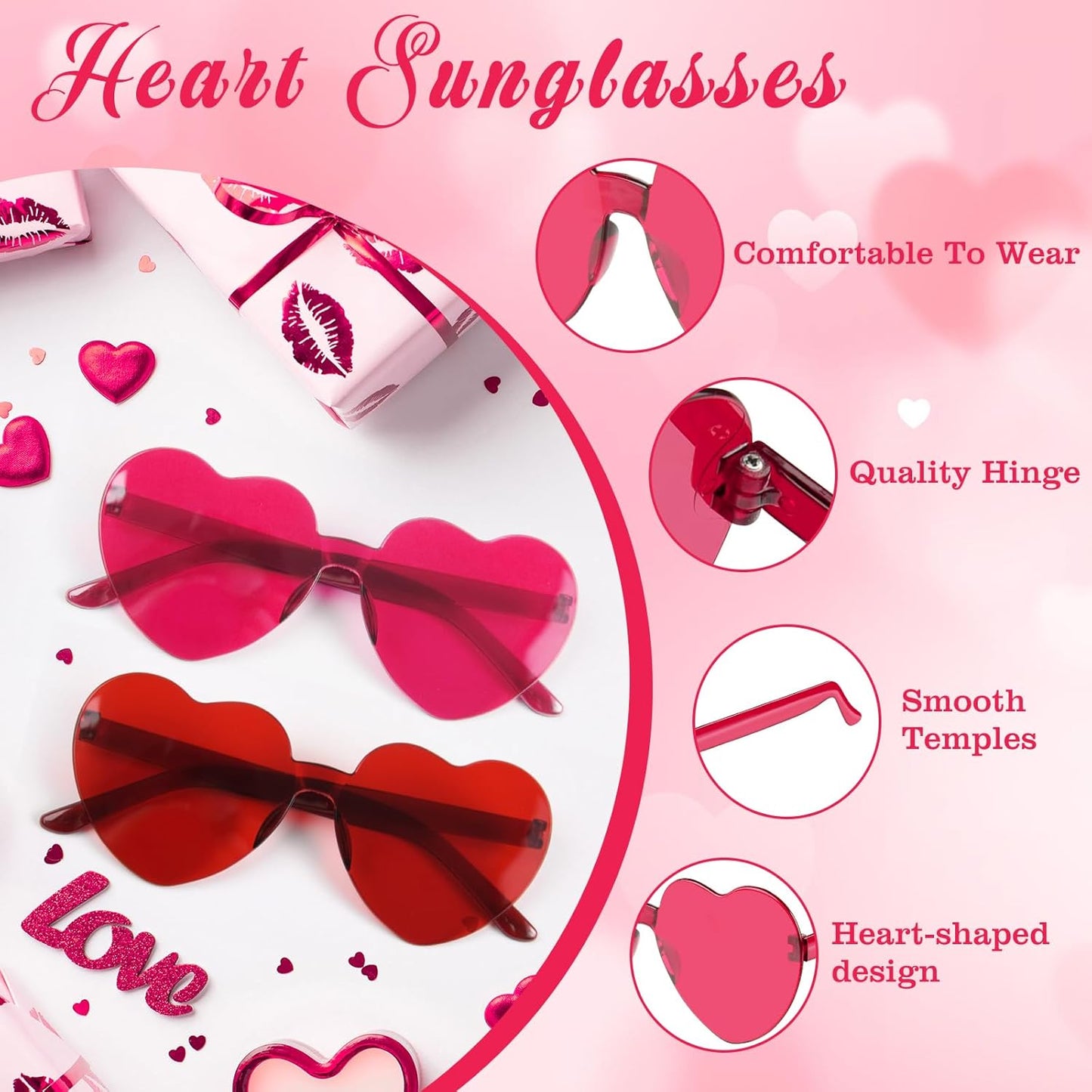PLULON Heart Sunglasses for Women 5/12/25 Pcs, Heart Glasses Valentine Day Rimless Shaped Candy Color Fun Glasses Party Favor