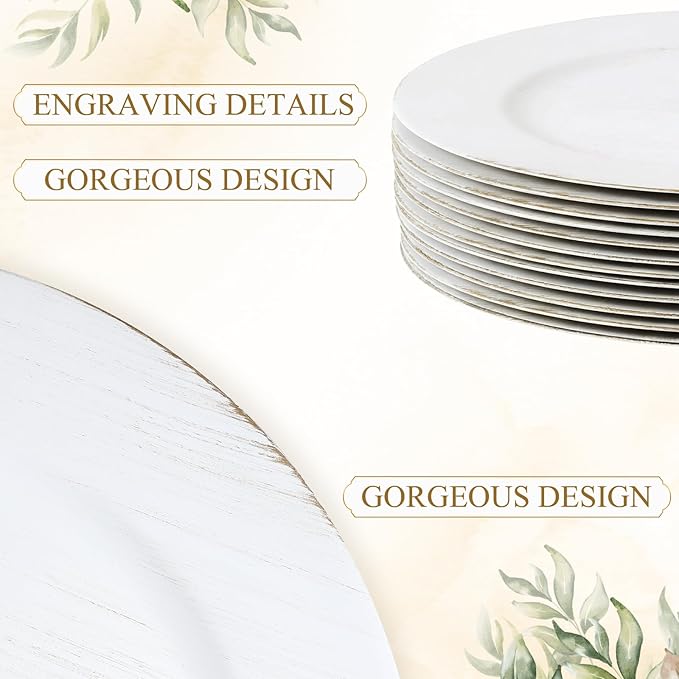 Tanlade 12 Pcs Charger Plates Bulk 13 Inch Plastic Vintage Wedding Chargers Floral Decorative Plates with Metallic Ruffled Rim for Wedding Party, Holiday Event Supplies(White)