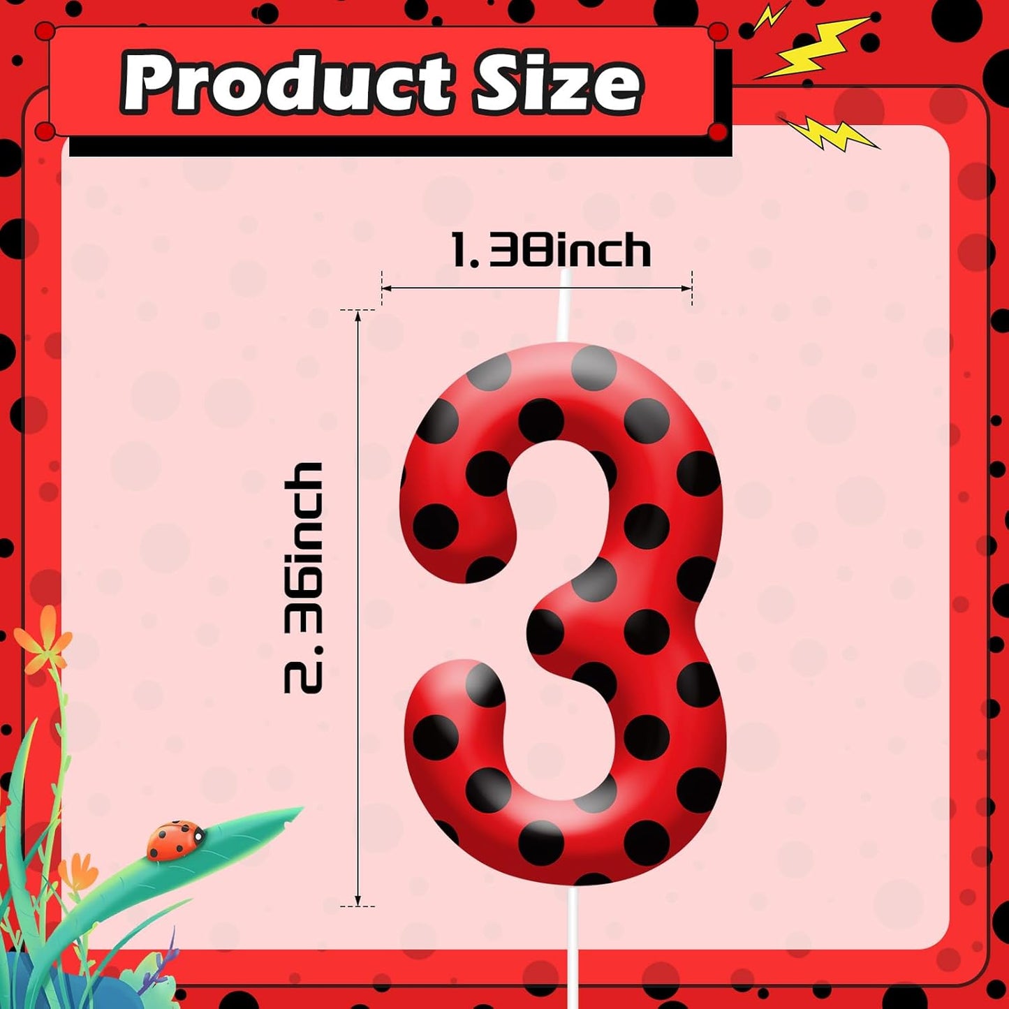 Ladybug Theme Birthday Candles - Red & Black Polka Dot Decorative Candles for Kids Ladybug Themed Parties, Baby Showers, Birthday Cakes, and Ladybird Inspired Celebrations(Number 3)