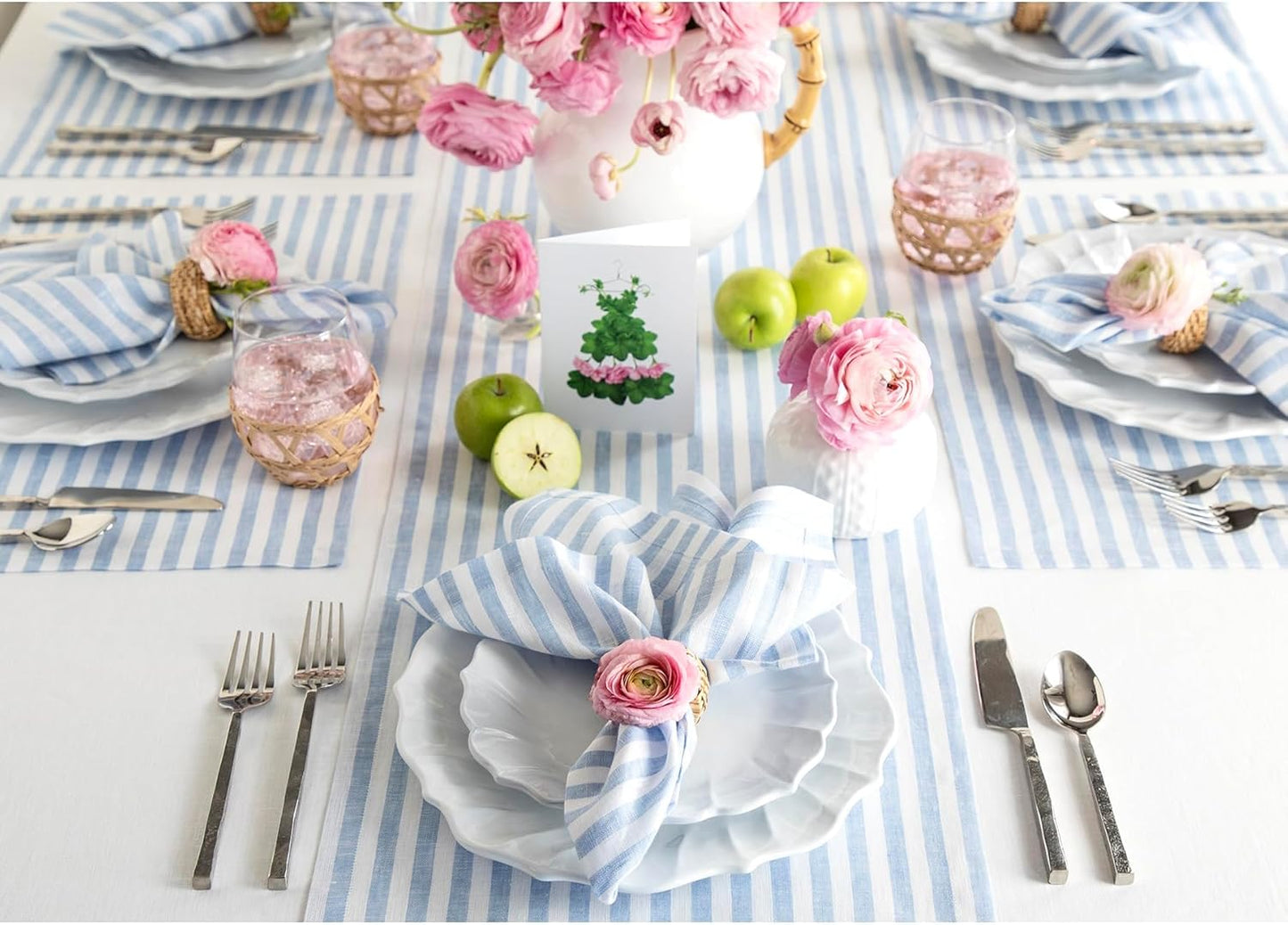 Solino Home Linen Table Runner 144 Inches Long - Amalfi Stripe, 100% Pure Linen Sky Blue and White Farmhouse Table Runner 14 x 144 Inch for Dining, Christmas