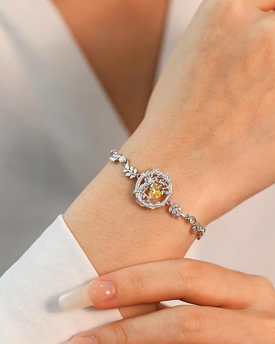 FANCIME Valentines Day Gift Tree of life Birthstone Bracelet for Women Sterling Silver Tree Jewelry Birthstone Charm Bracelet Gemstone Anniversary Birthday Gifts for Wife Mom Her